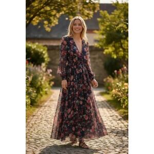 BOHO WOMENS FLORAL MAXI DRESS SZ S FEMININE ROMANTIC FAIRY FLOWY WRAP WHIMSICAL